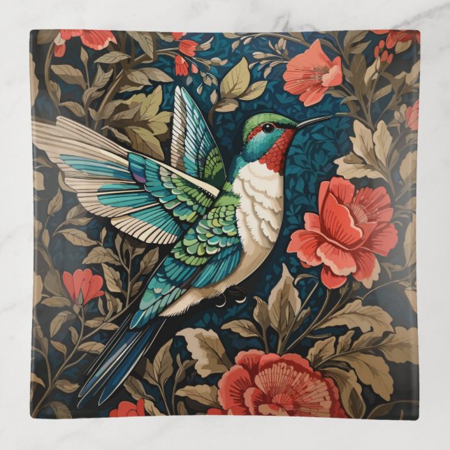 Elegant Hummingbird William Morris Inspired Floral Trinket Tray (Front)