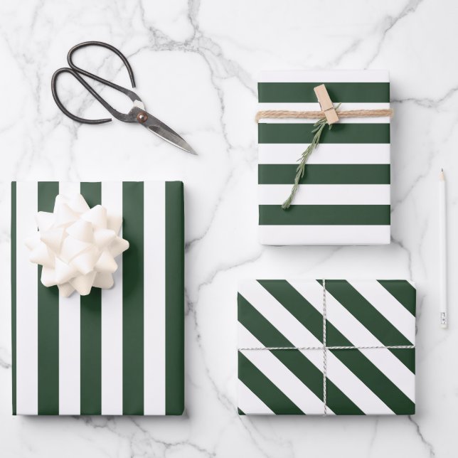 Elegant Hunter Green and White Striped Pattern Wrapping Paper Sheets (Front)