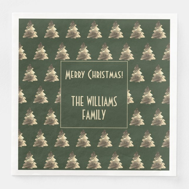Elegant Hunter Green Gold Christmas Tree Pattern Paper Dinner Napkins (Front)