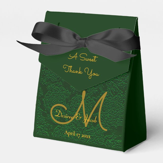 Elegant Hunter Green Gold Wedding Monogram Favor Boxes (Front Side)