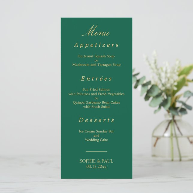 Elegant Hunter Green Golden Beige Wedding Menu (Standing Front)