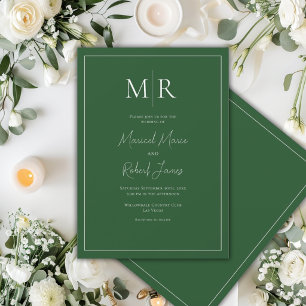 Elegant Hunter Green Monogram Modern Wedding Invitation