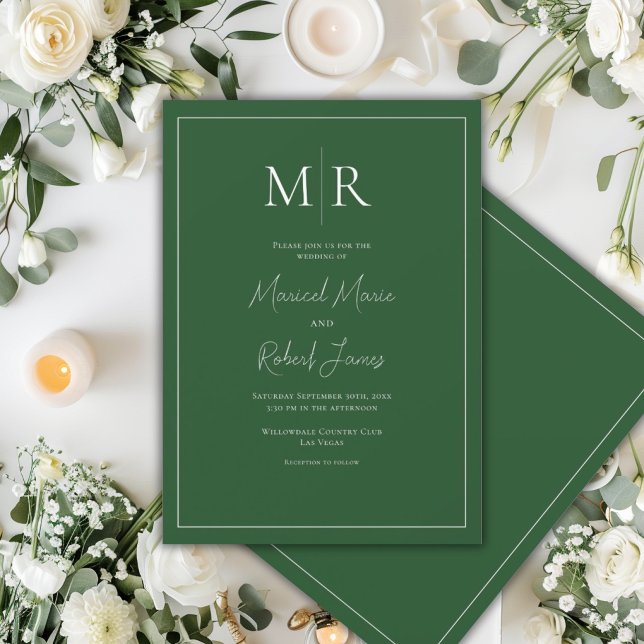 Elegant Hunter Green Monogram Modern Wedding Invitation (Creator Uploaded)