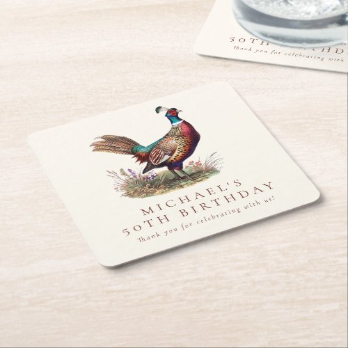 Elegant Hunting Pheasant Adult 50th Birthday Party Square Paper Coaster