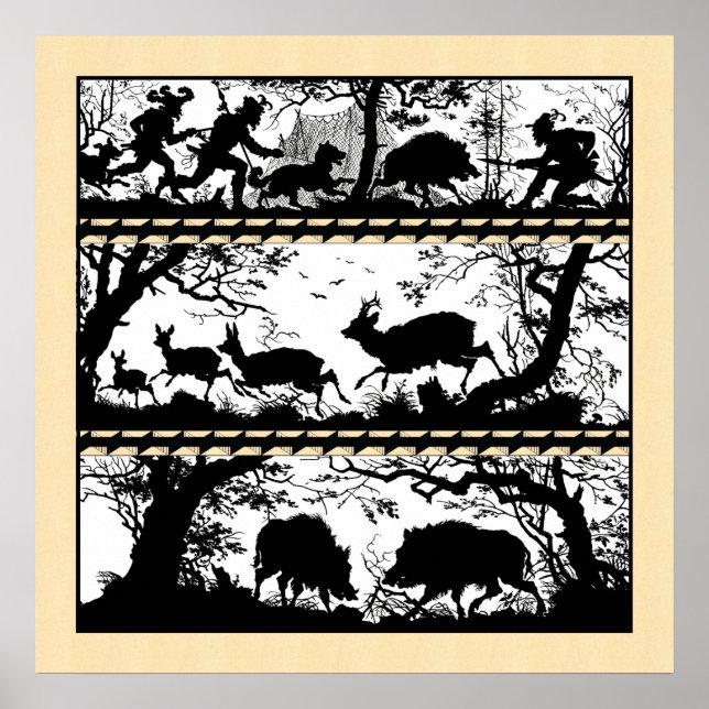 Elegant Hunting Scene Running Deer Wild Boar Poster (Front)