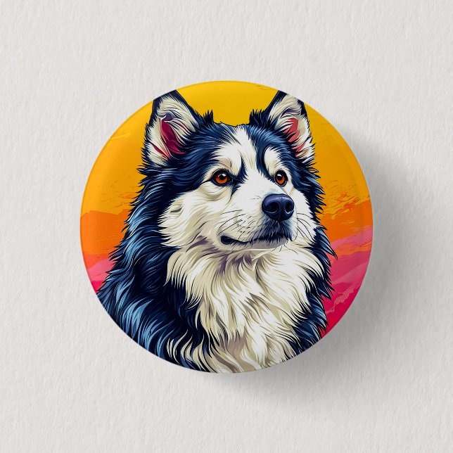 Elegant Husky Portrait with Vibrant Sunset Button (Front)