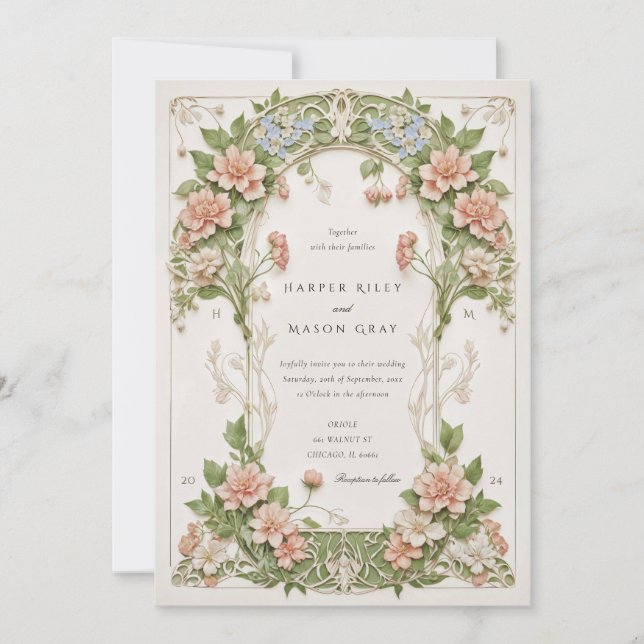 Elegant Hydrangea Art Nouveau Wedding Invitation (Front)