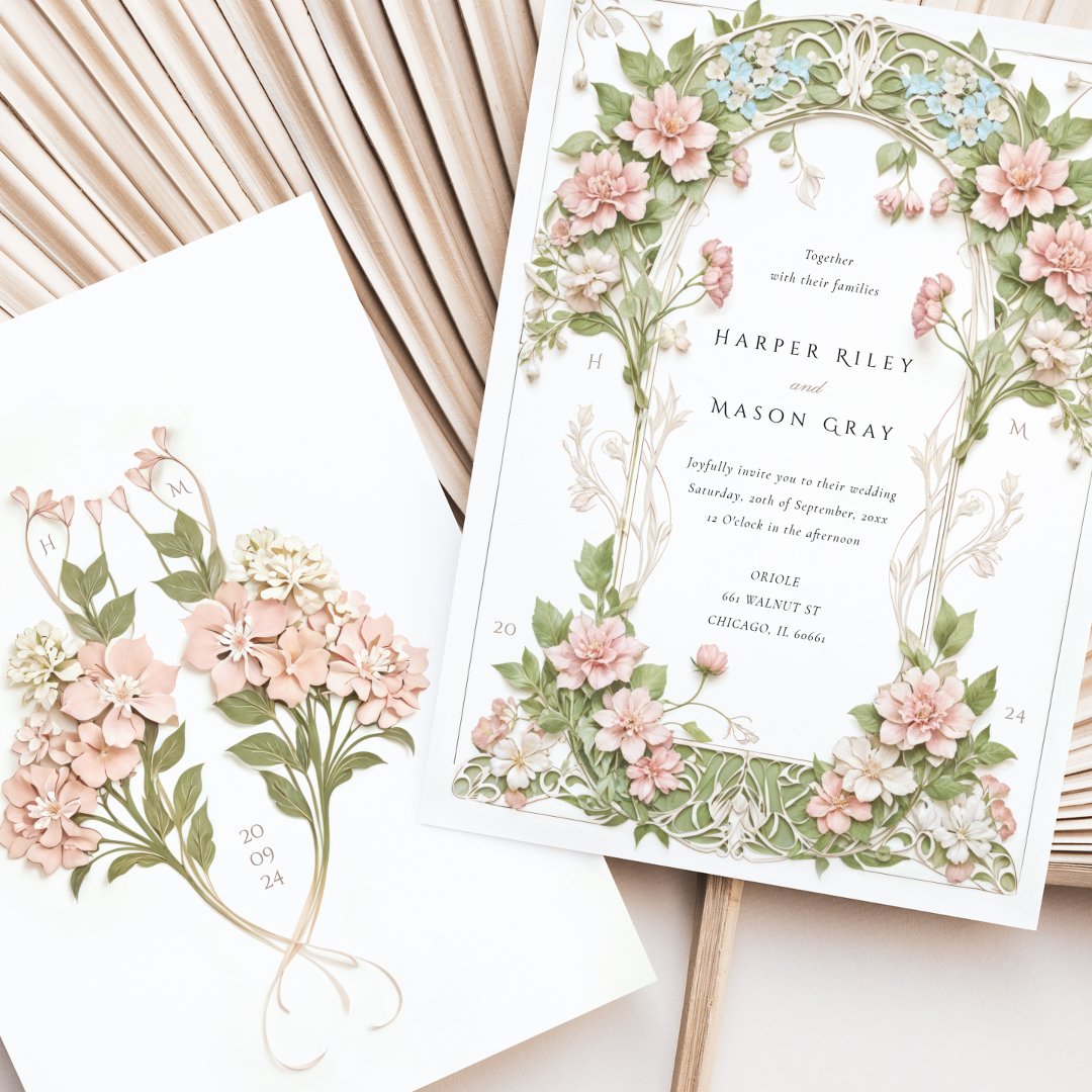 Elegant Hydrangea Art Nouveau Wedding Invitation