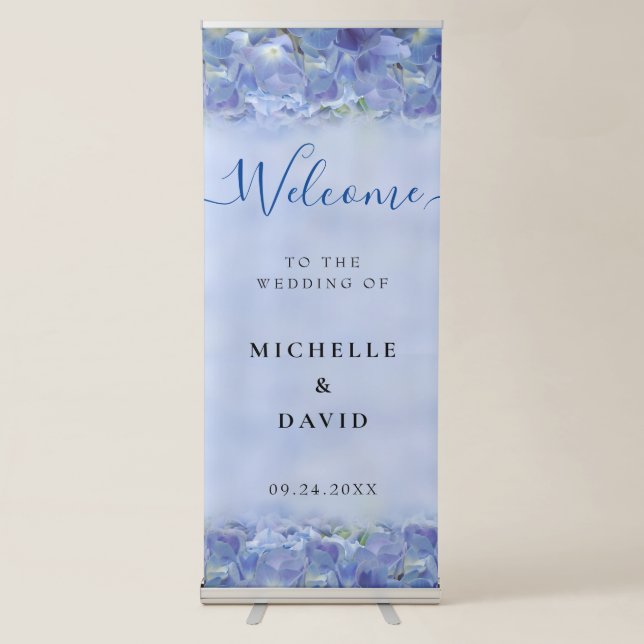 Elegant Hydrangea Blue Florals Wedding Welcome Retractable Banner (Front)