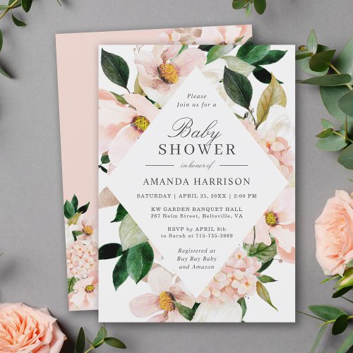 Elegant Hydrangea Blush Pink Floral Baby Shower Invitation