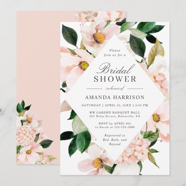 Elegant Hydrangea Blush Pink Floral Bridal Shower Invitation (Front/Back)