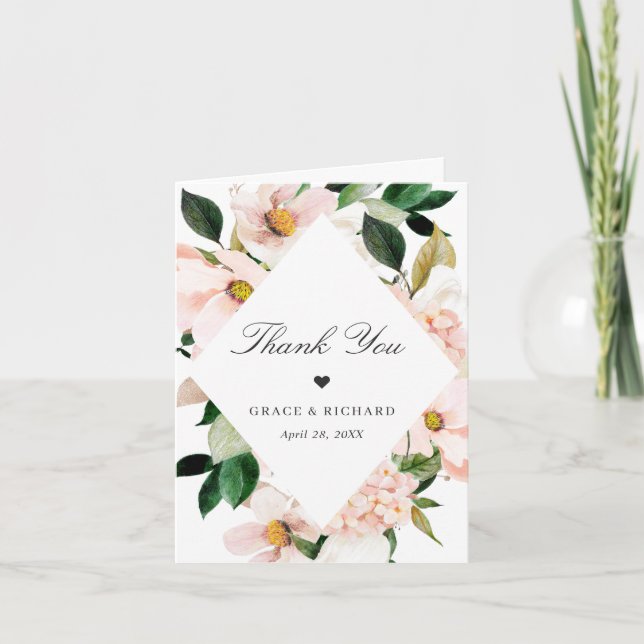 Elegant Hydrangea Blush Pink Floral Wedding Thank You Card (Front)