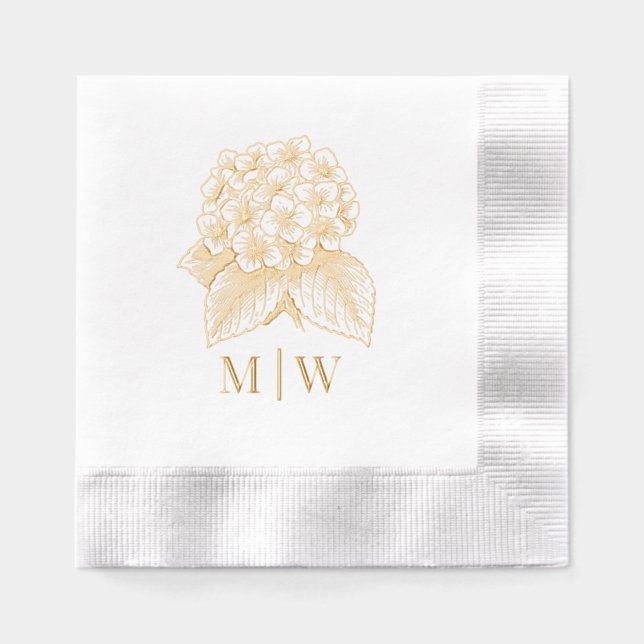 Elegant Hydrangea Bouquet Wedding Couple Initials Foil Napkins (Front)