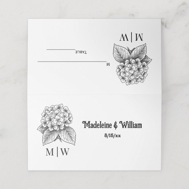 Elegant Hydrangea Bouquet Wedding Couple Initials  Place Card (Outside Unfolded)
