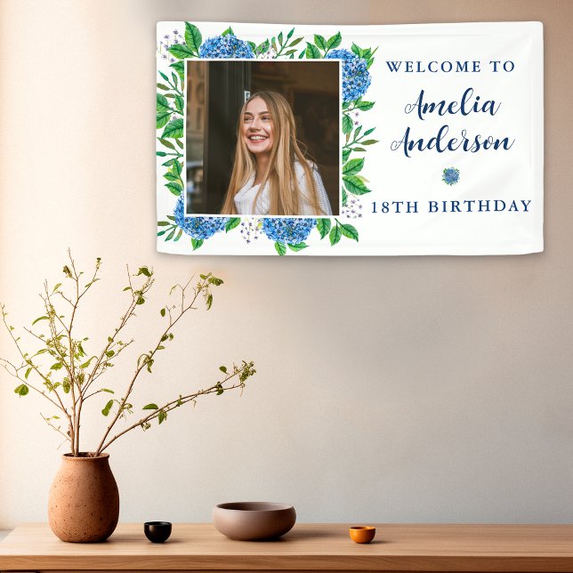 Elegant Hydrangea Custom Photo 18th Birthday Party Banner (Creator Uploaded)