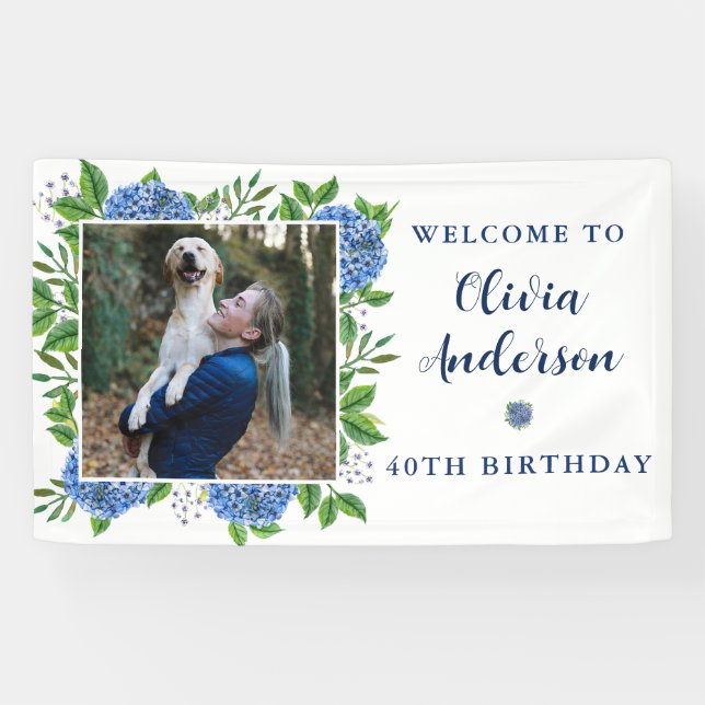 Elegant Hydrangea Custom Photo 40th Birthday Party Banner (Horizontal)