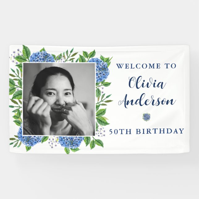 Elegant Hydrangea Custom Photo 50th Birthday Party Banner (Horizontal)