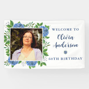 Elegant Hydrangea Custom Photo 60th Birthday Party Banner