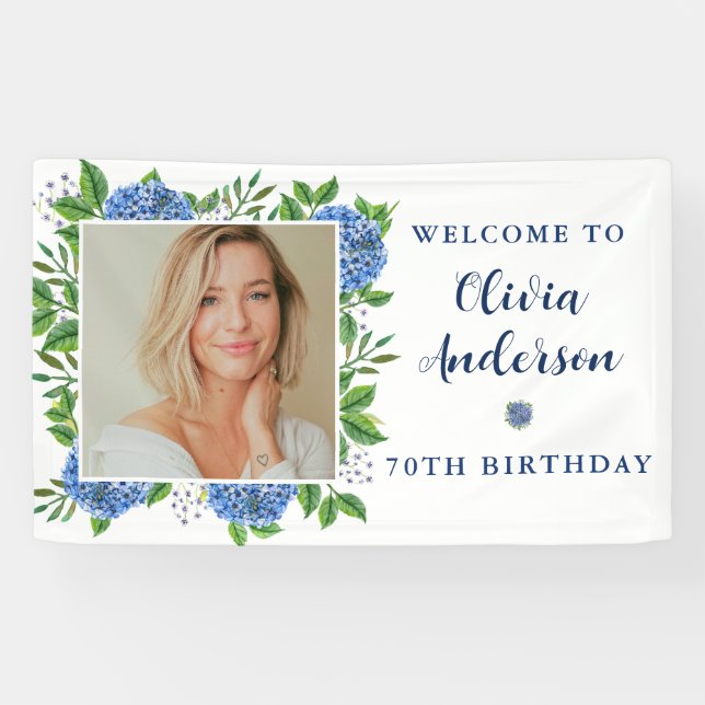 Elegant Hydrangea Custom Photo 70th Birthday Party Banner (Horizontal)
