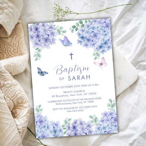 Elegant Hydrangea Flower Garden Cross Baptism Invitation