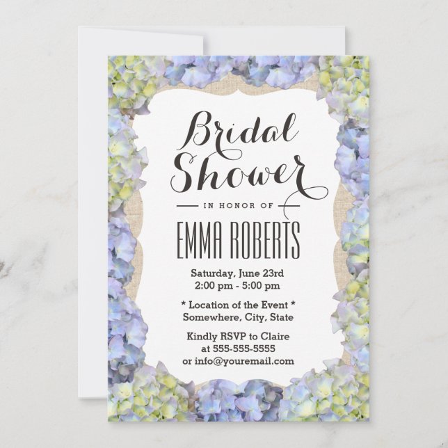 Elegant Hydrangea Flowers Burlap Bridal Shower Invitation (Front)