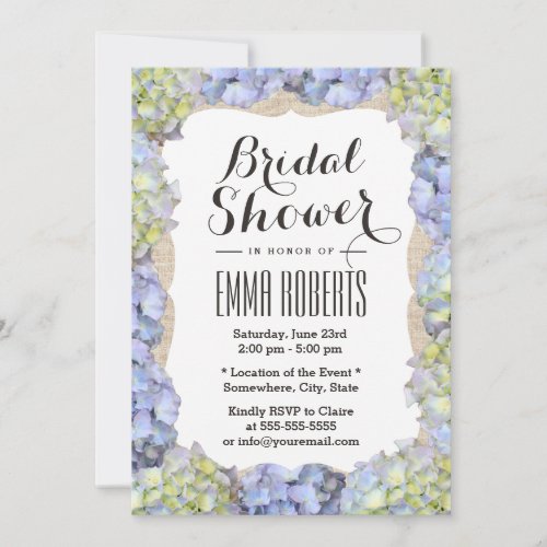 Elegant Hydrangea Flowers Burlap Bridal Shower 5x7 Paper Invitation Card