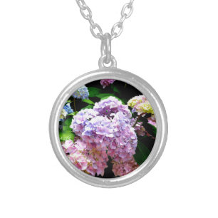 Elegant hydrangea gardens pink purple blue floral silver plated necklace