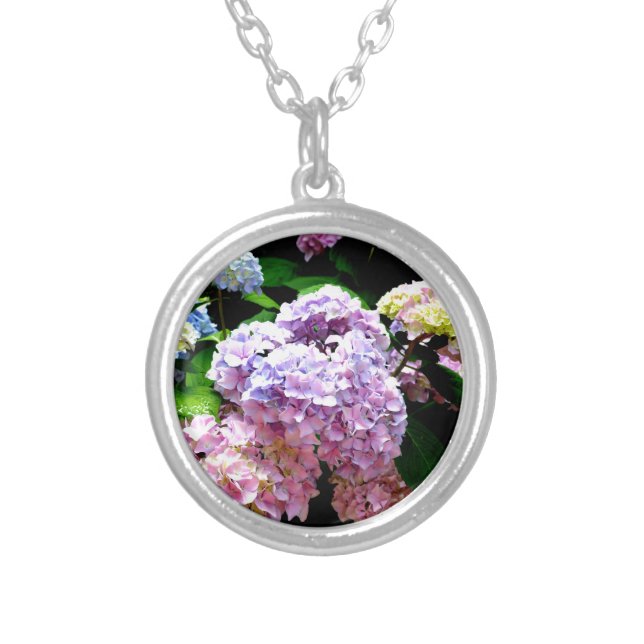 Elegant hydrangea gardens pink purple blue floral silver plated necklace (Front)