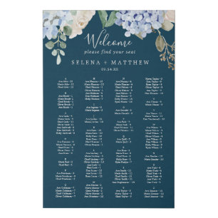 Elegant Hydrangea Navy Alphabetical Seating Chart Faux Canvas Print
