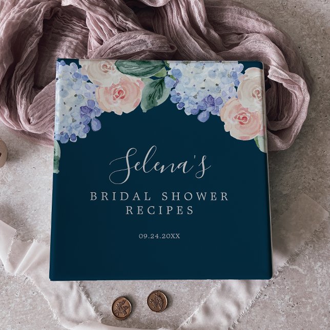 Elegant Hydrangea Navy Bridal Shower Recipe 3 Ring Binder (Creator Uploaded)