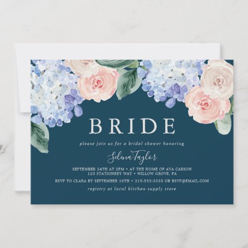 Elegant Hydrangea Navy Horizontal Bridal Shower Invitation