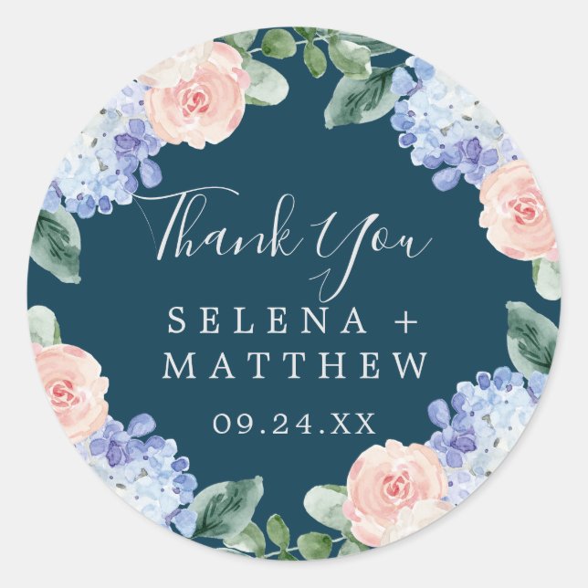 Elegant Hydrangea Navy Thank You Favor Sticker (Front)
