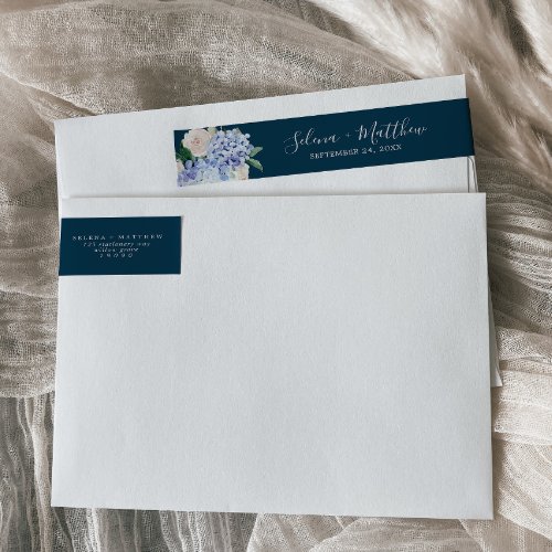 Elegant Hydrangea Navy Wedding Wrap Around Label
