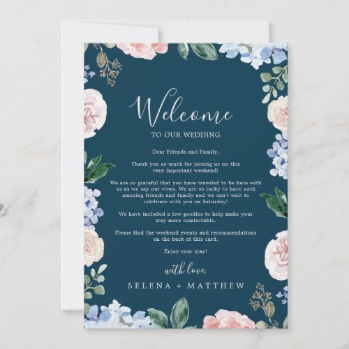 Elegant Hydrangea Navy Welcome Letter  Itinerary
