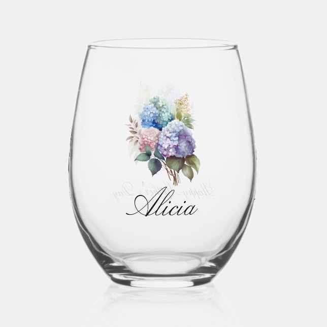Elegant Hydrangea Personalize Stemless Wine Glass (Front)