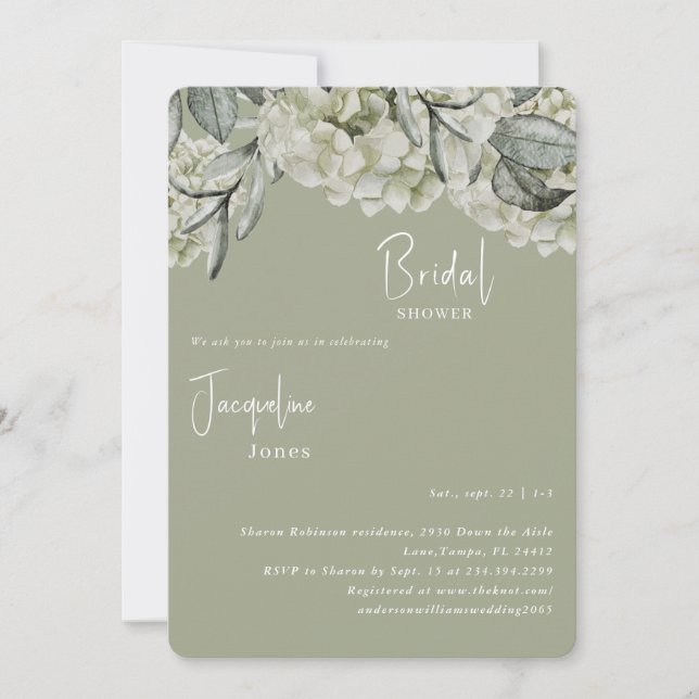 Elegant Hydrangea Rounded Sage Bridal Shower Invitation (Front)