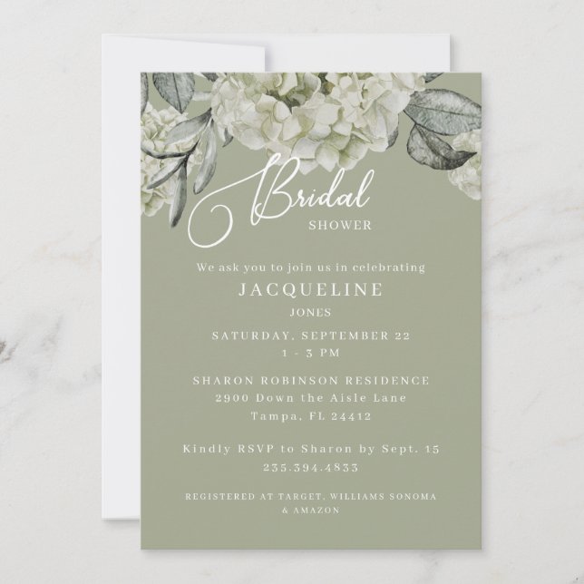 Elegant Hydrangea Sage Bridal Shower Invitation (Front)