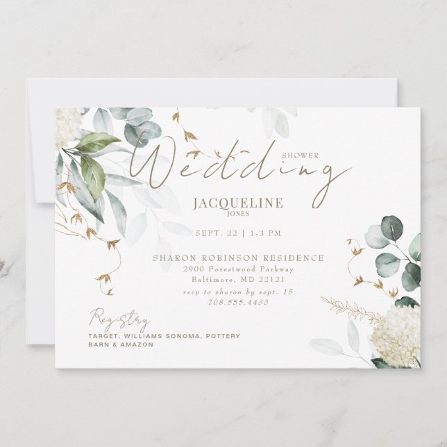 Elegant Hydrangea White Horizontal Bridal Shower Invitation (Front)