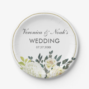 Elegant Hydrangea White Rose Wedding Floral Frame Paper Plates