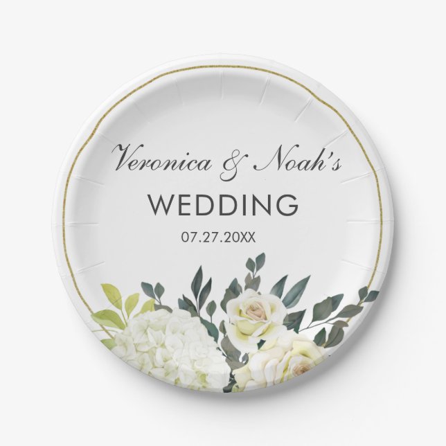 Elegant Hydrangea White Rose Wedding Floral Frame Paper Plates (Front)