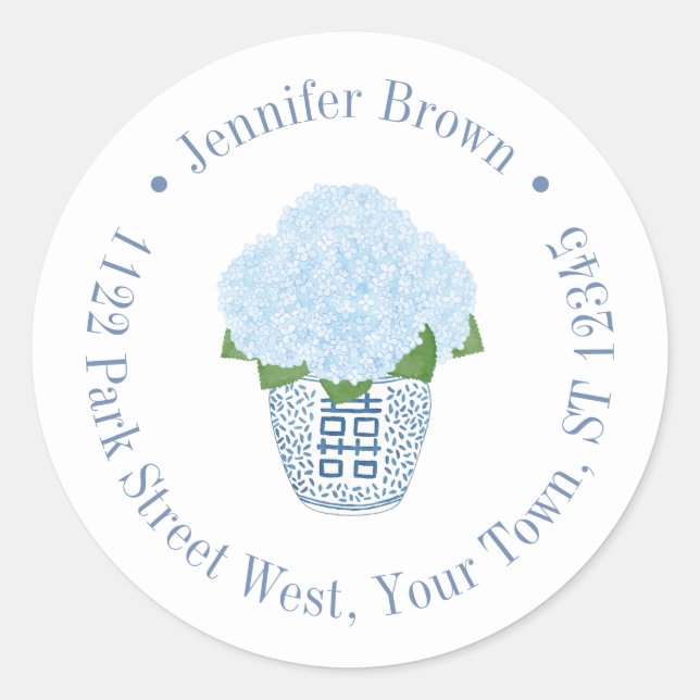 Elegant Hydrangeas Ginger Jar Return Address Classic Round Sticker (Front)