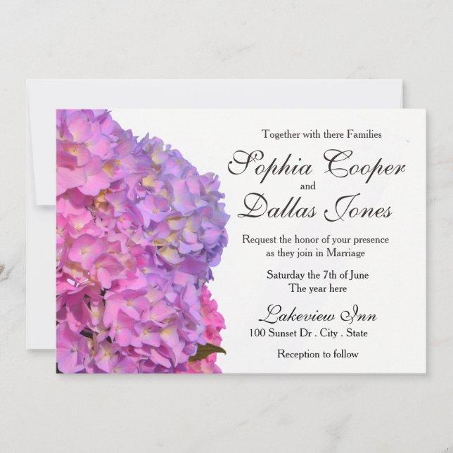 Elegant Hydrangeas pink purple flowers Wedding Invitation (Front)