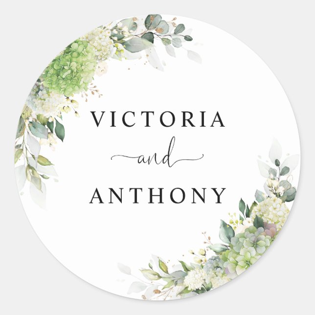 Elegant Hydrangeas Wedding Classic Round Sticker (Front)