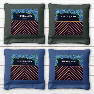 Elegant Hydrangeas Wood Grain Personalized Wedding Cornhole Bags