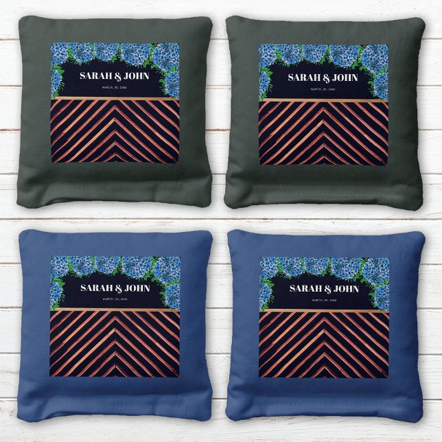 Elegant Hydrangeas Wood Grain Personalized Wedding Cornhole Bags (Creator Uploaded)