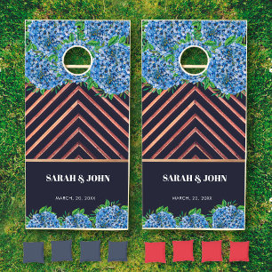 Elegant Hydrangeas Wood Grain Personalized Wedding Cornhole Set