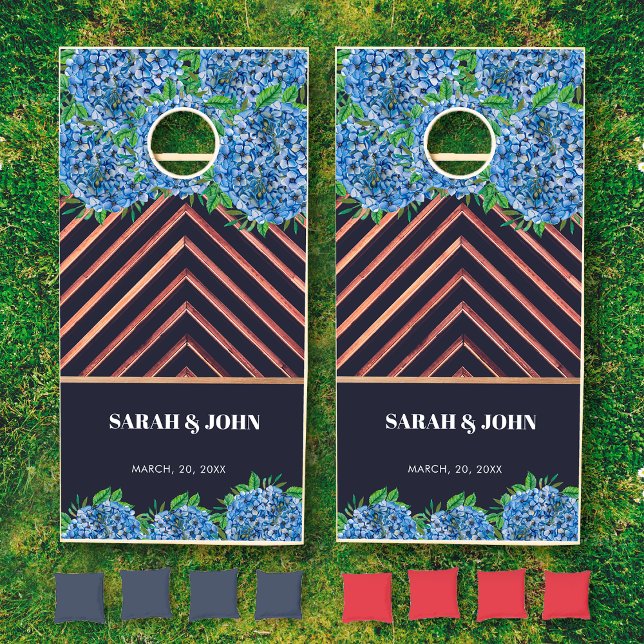 Elegant Hydrangeas Wood Grain Personalized Wedding Cornhole Set (Creator Uploaded)