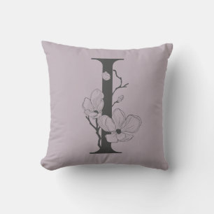 Elegant I Boho Floral Monogram Initial Lilac Gray Throw Pillow
