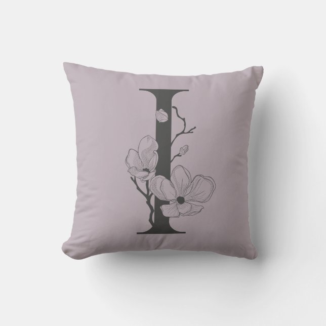 Elegant I Boho Floral Monogram Initial Lilac Gray Throw Pillow (Front)
