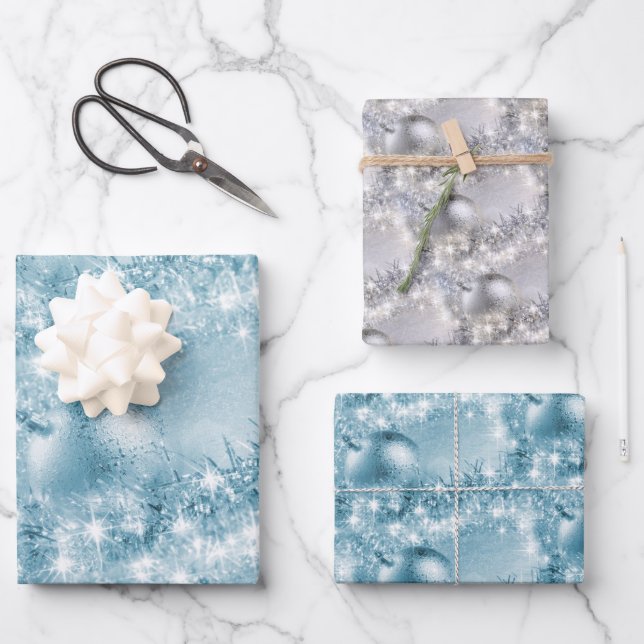 Elegant Ice Blue and Silver Christmas Ball Wrapping Paper Sheets (Front)